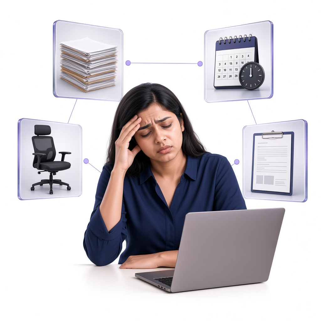 HR officer sorting CVs beside a hiring board, empty interview chair and stamp showing slow recruitment