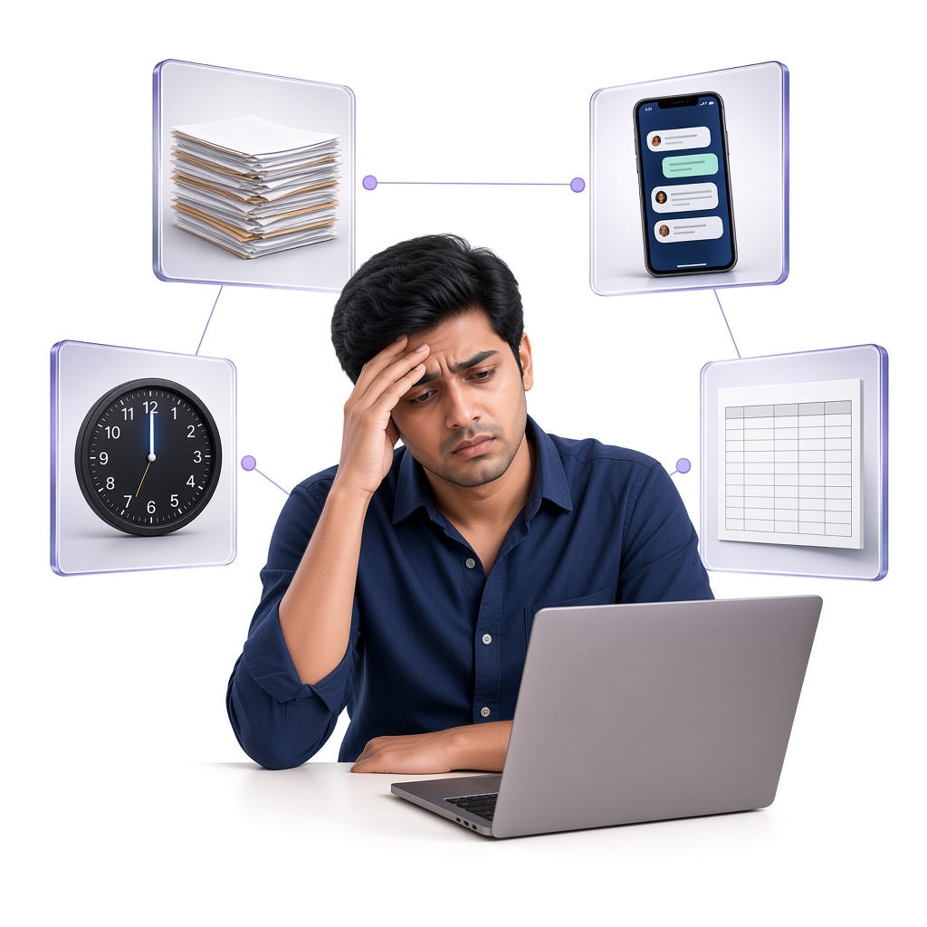 Operations officer carrying report files and unread emails, with a printer, mail cart and clock showing slow manual work