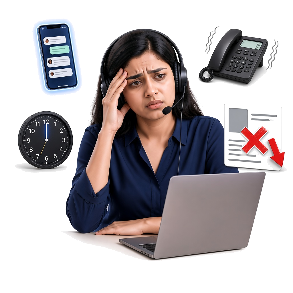 Worried support employee at laptop with unread chats, ringing phone, late clock and a lost-lead CRM card
