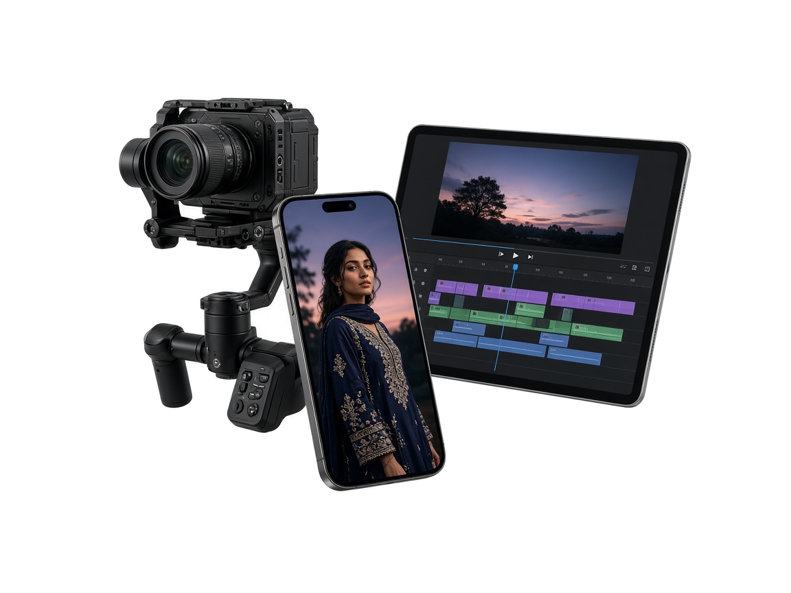 Cinema camera, phone and edit timeline making an AI promotional film