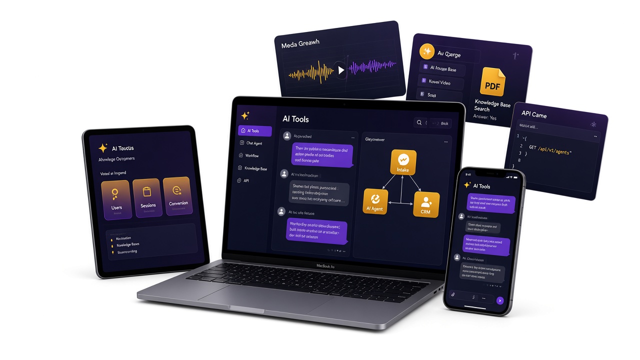 Laptop, tablet and phone showing custom AI chat, workflow and knowledge tools