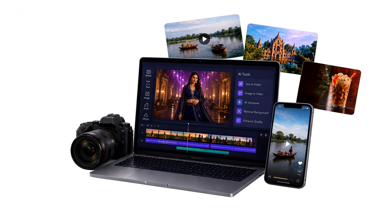 AI generating a brand promo video of a model on laptop, camera and phone